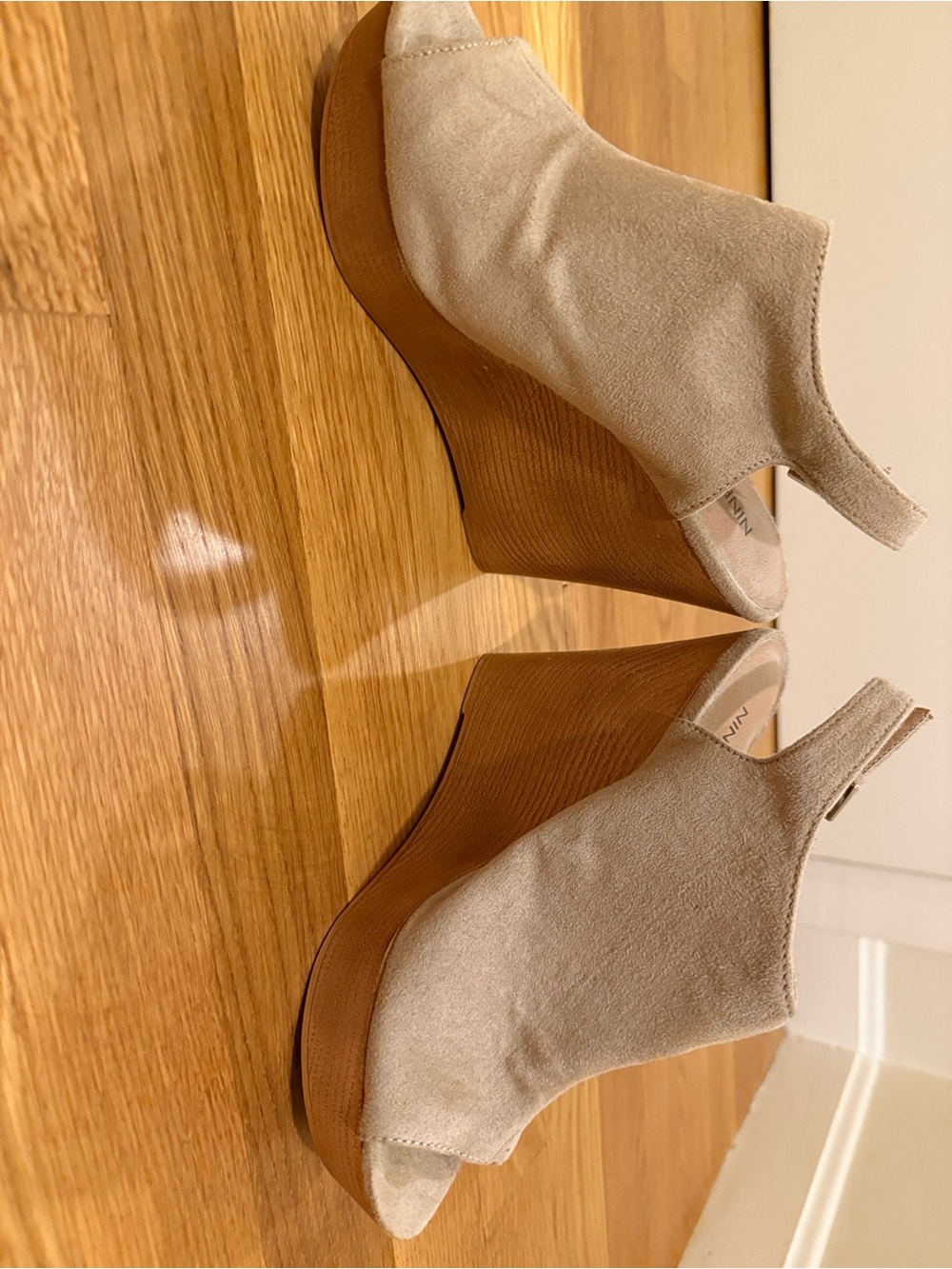 Wedge Peep-Toe Slingback Sandals in Taupe